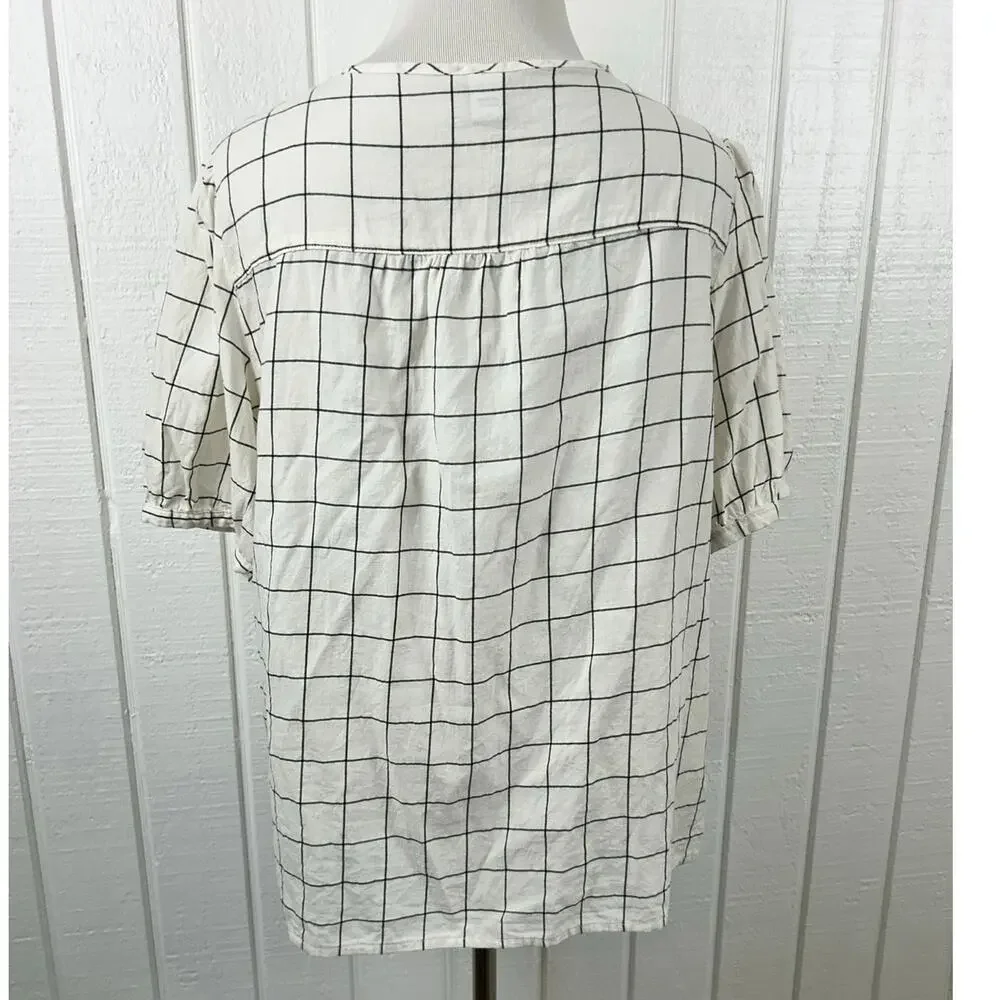 Old Navy Windowpane Grid Blouse Ivory Black Puff Sleeve Keyhole Top M